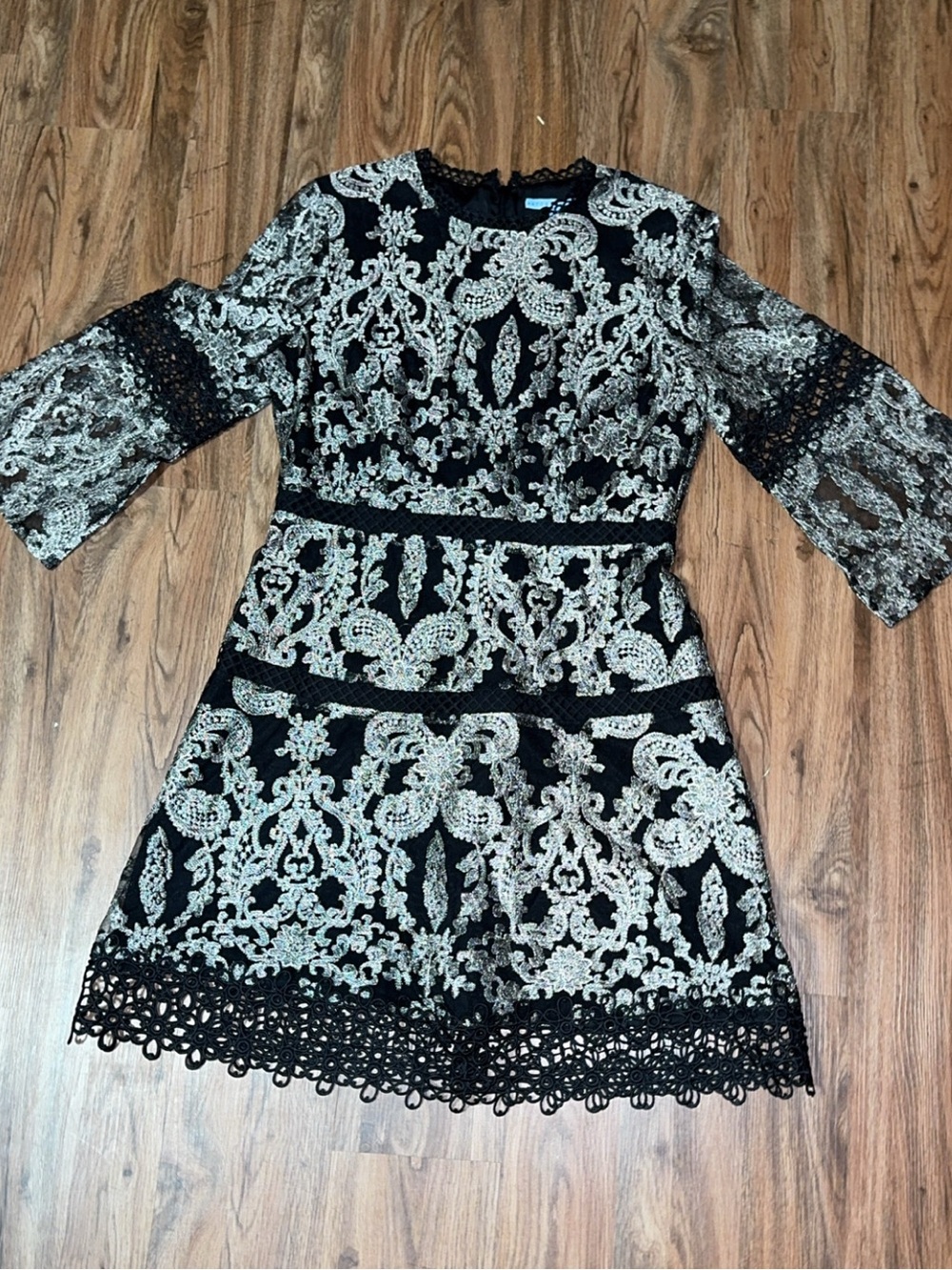 Antonio Melani Metallic Silver & Black Lace Mini Dress